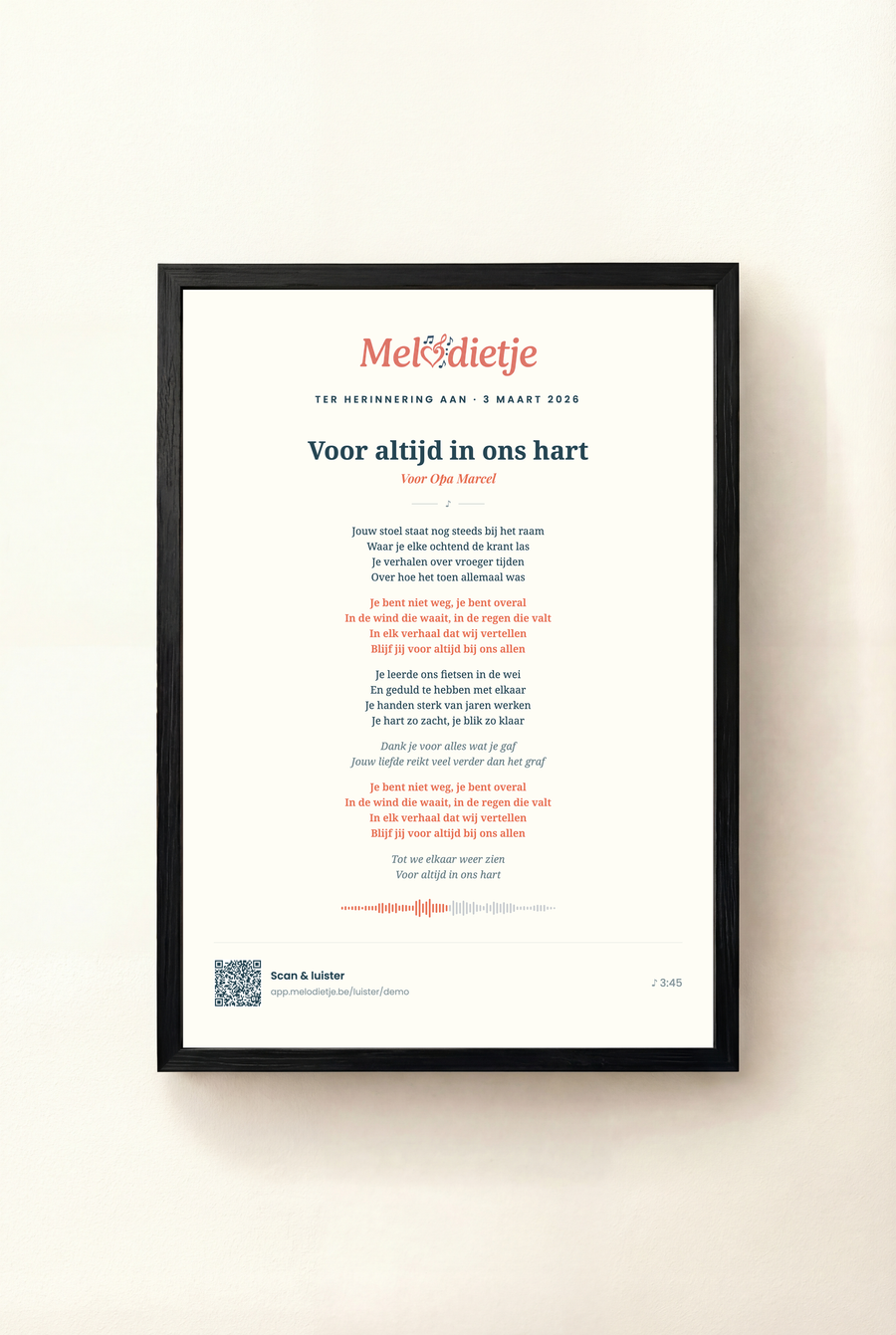 Muziekposter in zwart kader — Het volledige lied