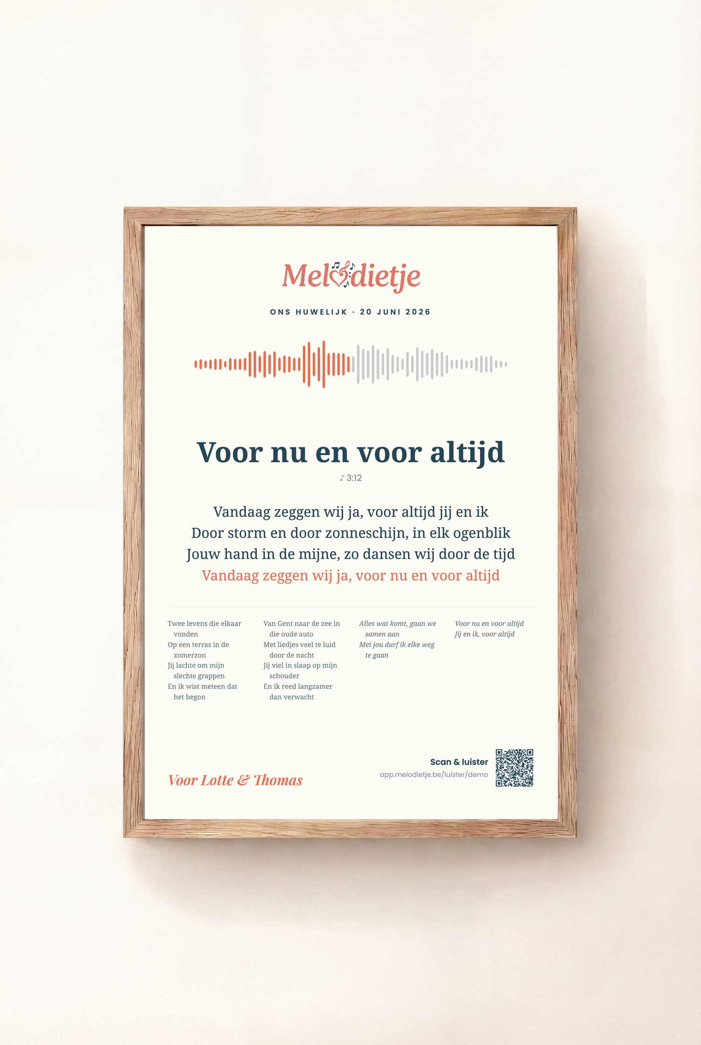 Ingelijste muziekposter met de geluidsgolf van een lied